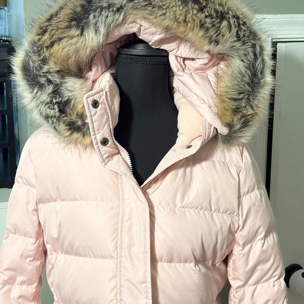 Lands’ End Light Pink Women's Down Fur-Trimmed Hood 3/4 Length Puffer Coat SMALL